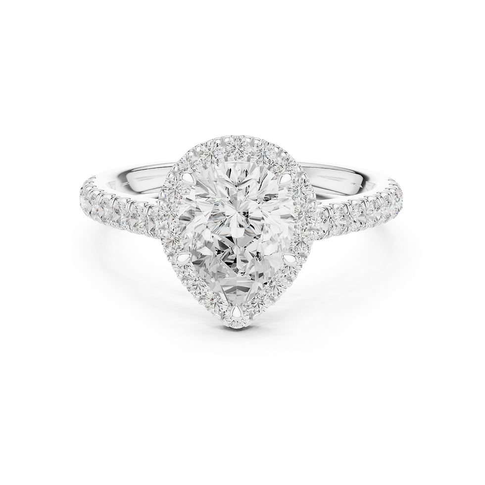 Laurel Pear engagement ring in white gold, front-facing halo view