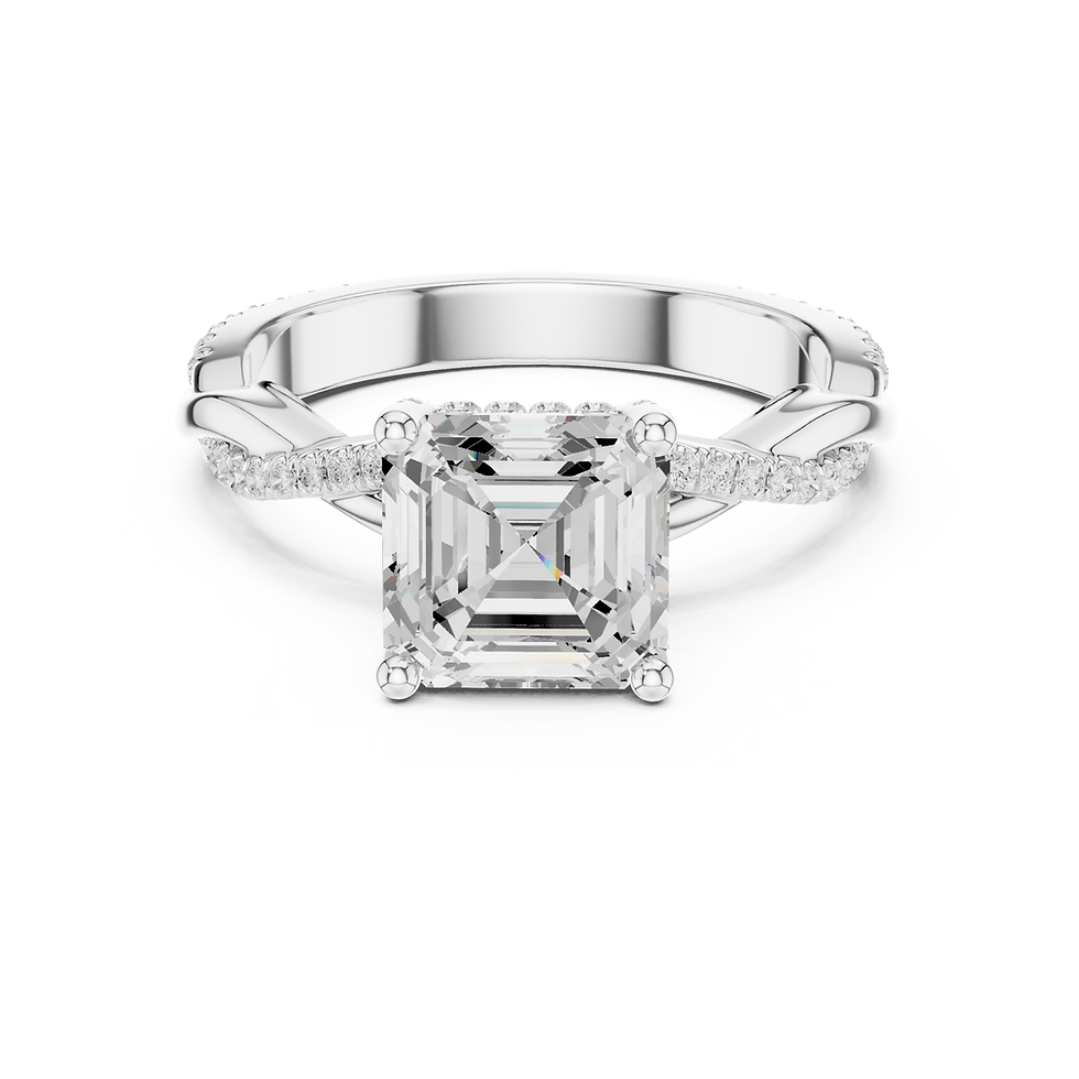 Front view of Liana Asscher engagement ring in white gold with hidden halo and twisted pavé band