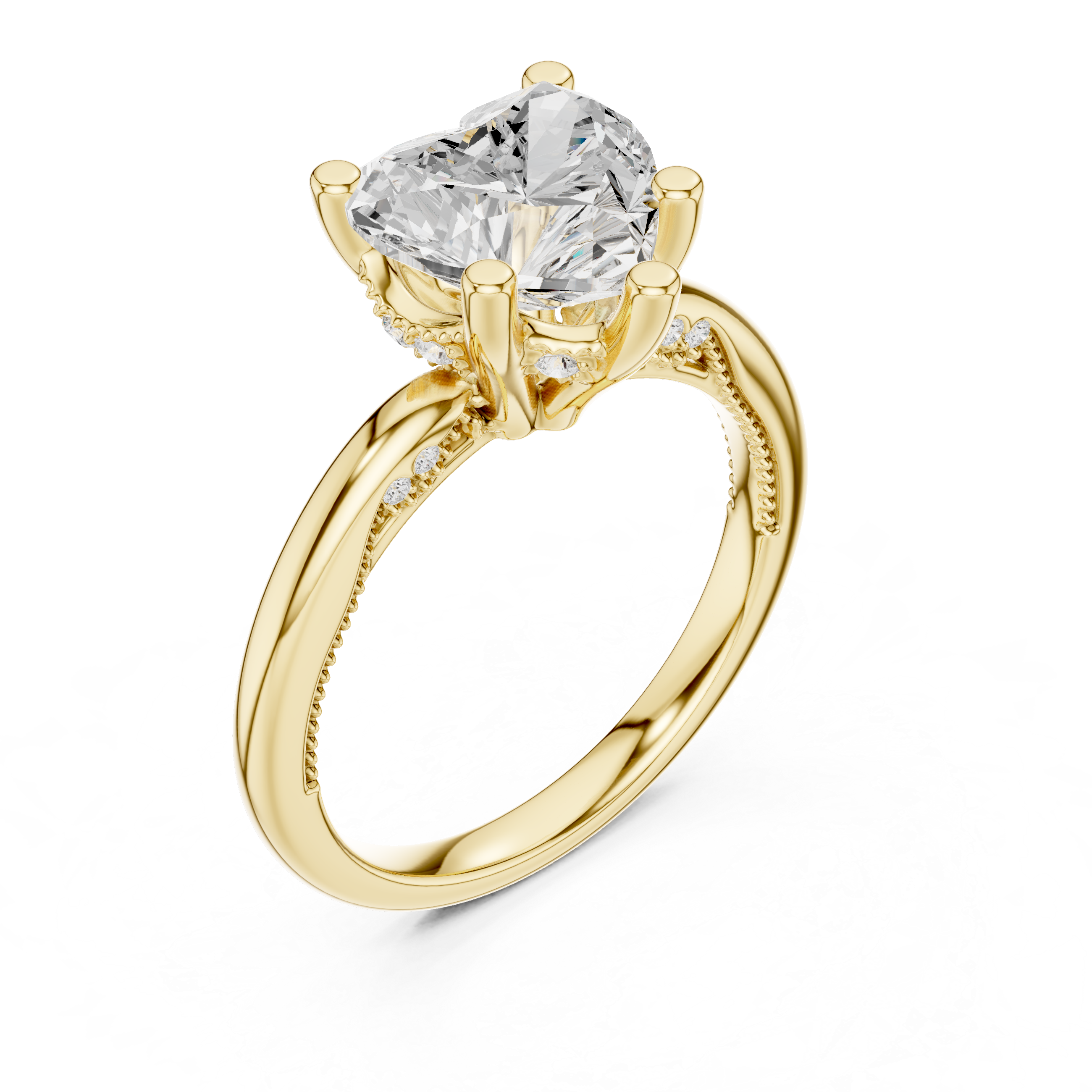 Runa Heart engagement ring in yellow gold, three-quarter view revealing the hidden crossed trellis gallery