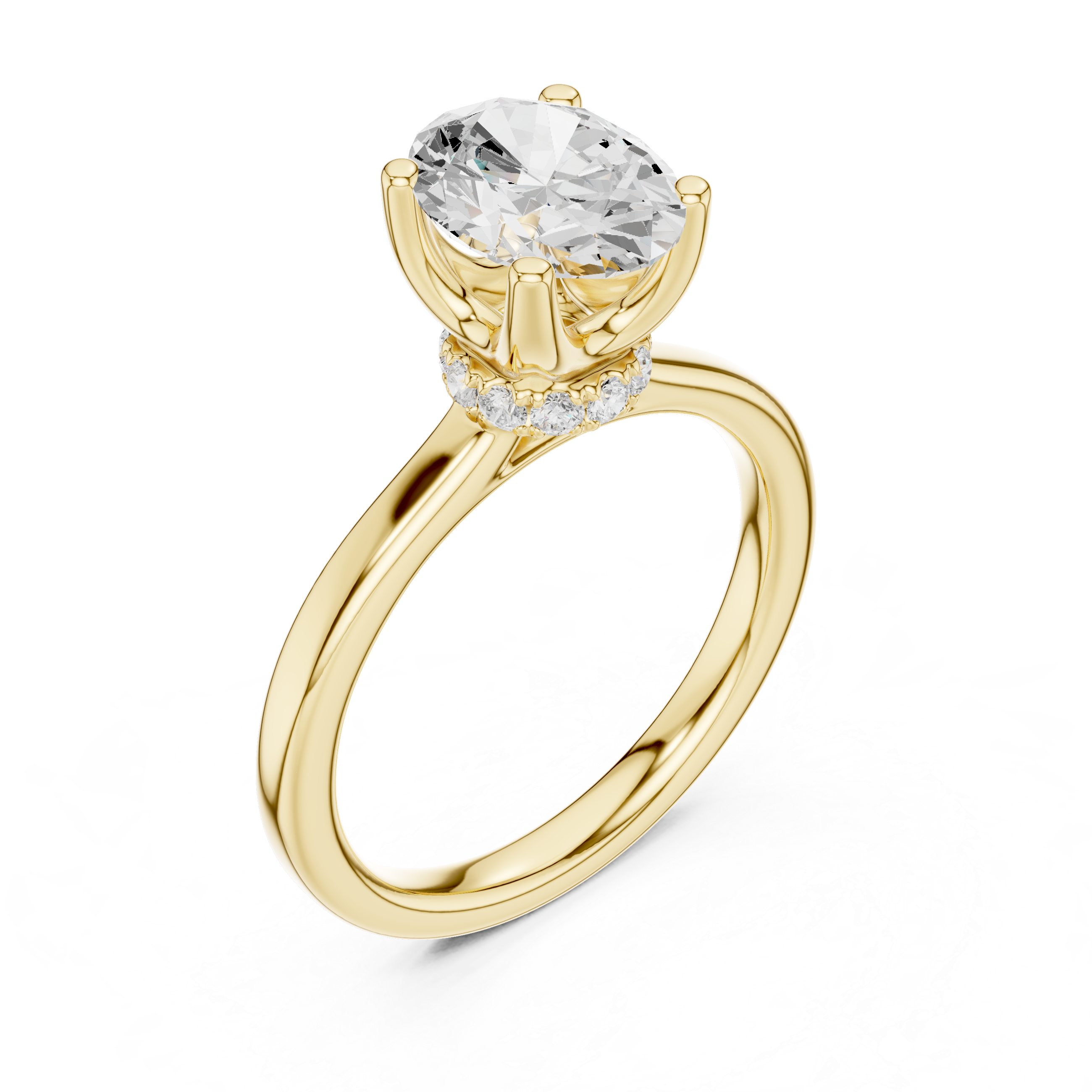 Petra Oval yellow gold engagement ring at an angled view