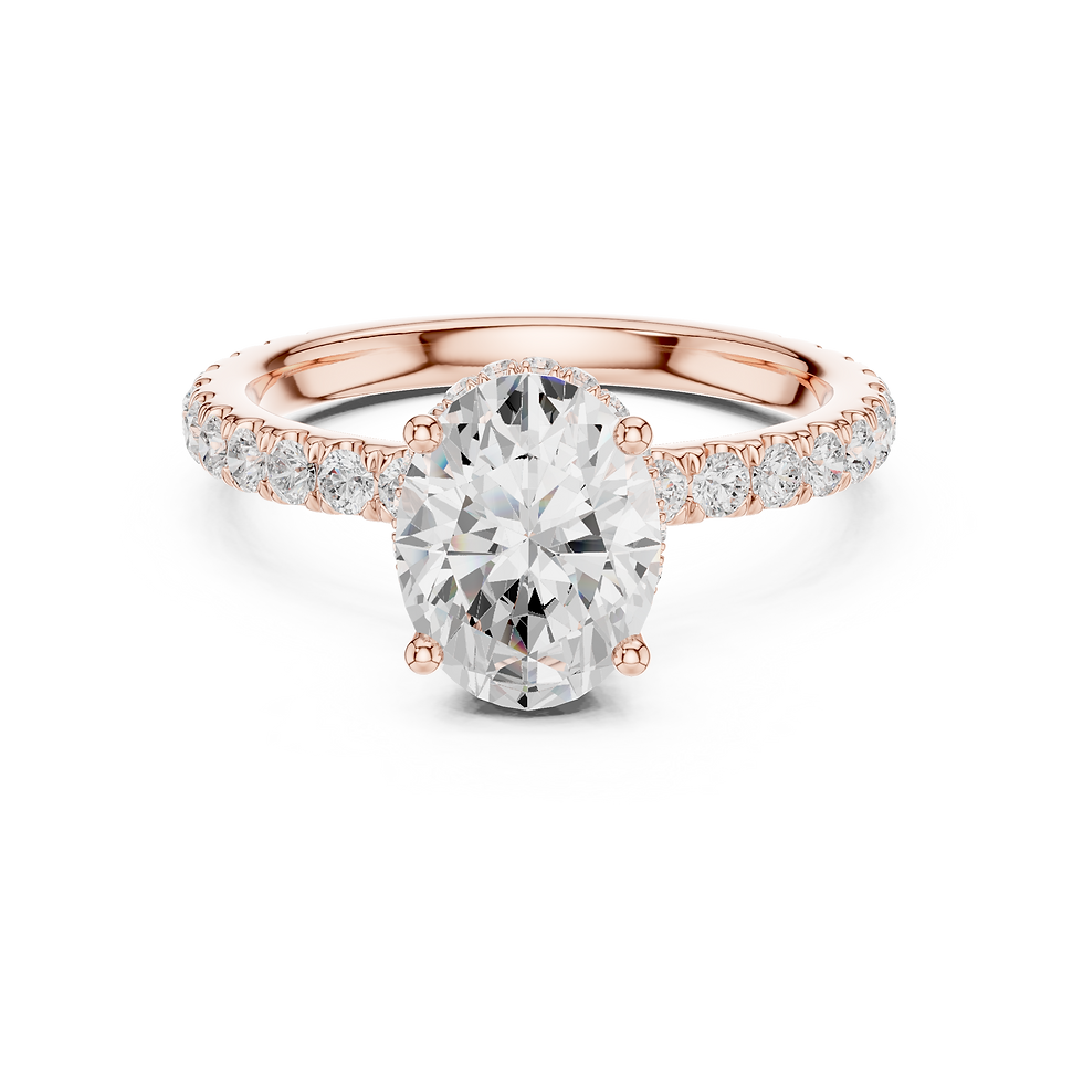 Thumbnail: Front-facing rose gold Lyra oval engagement ring with double hidden halo and pavé band.