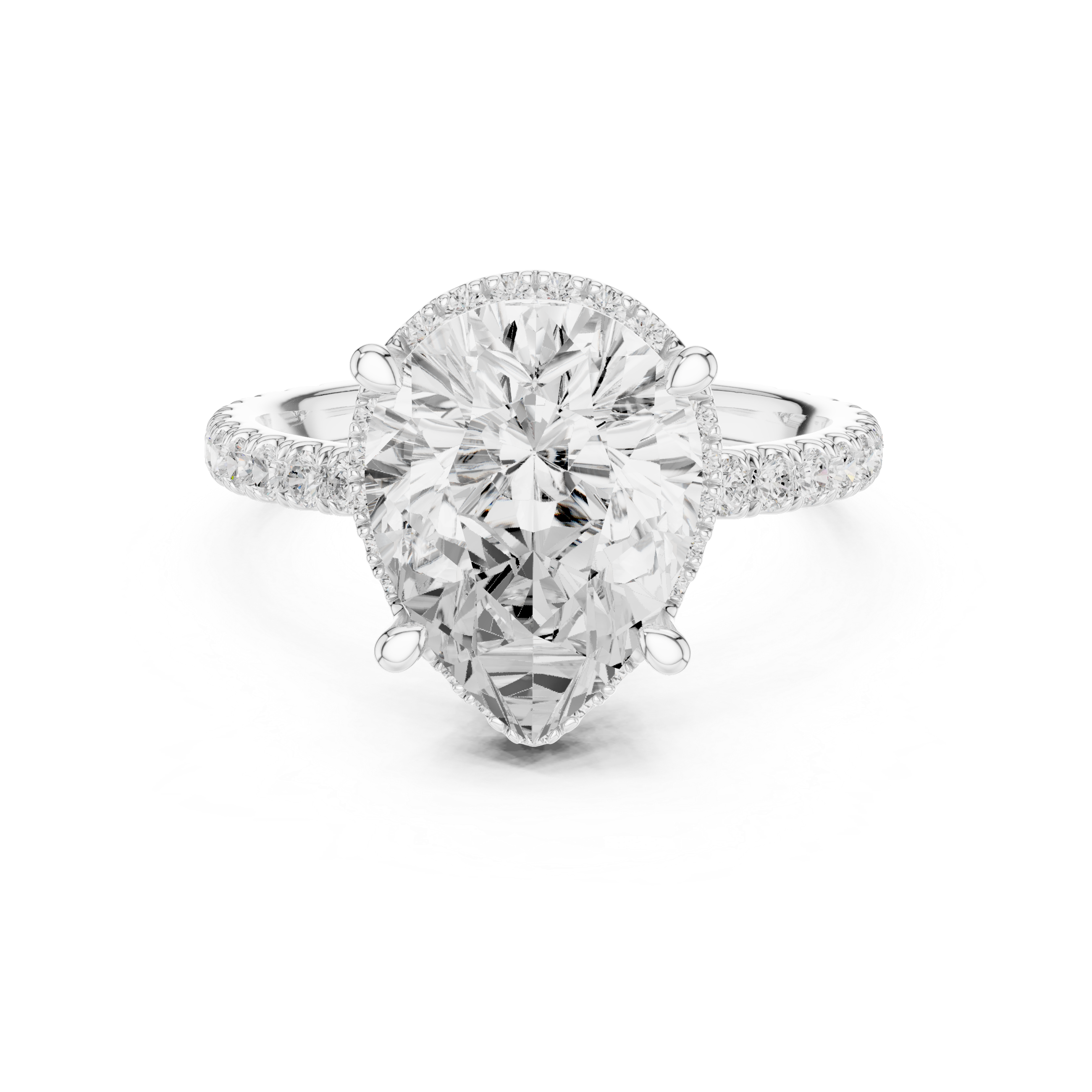 White gold Aurora pear engagement ring with pavé prongs, hidden halo, and pavé band, front view.