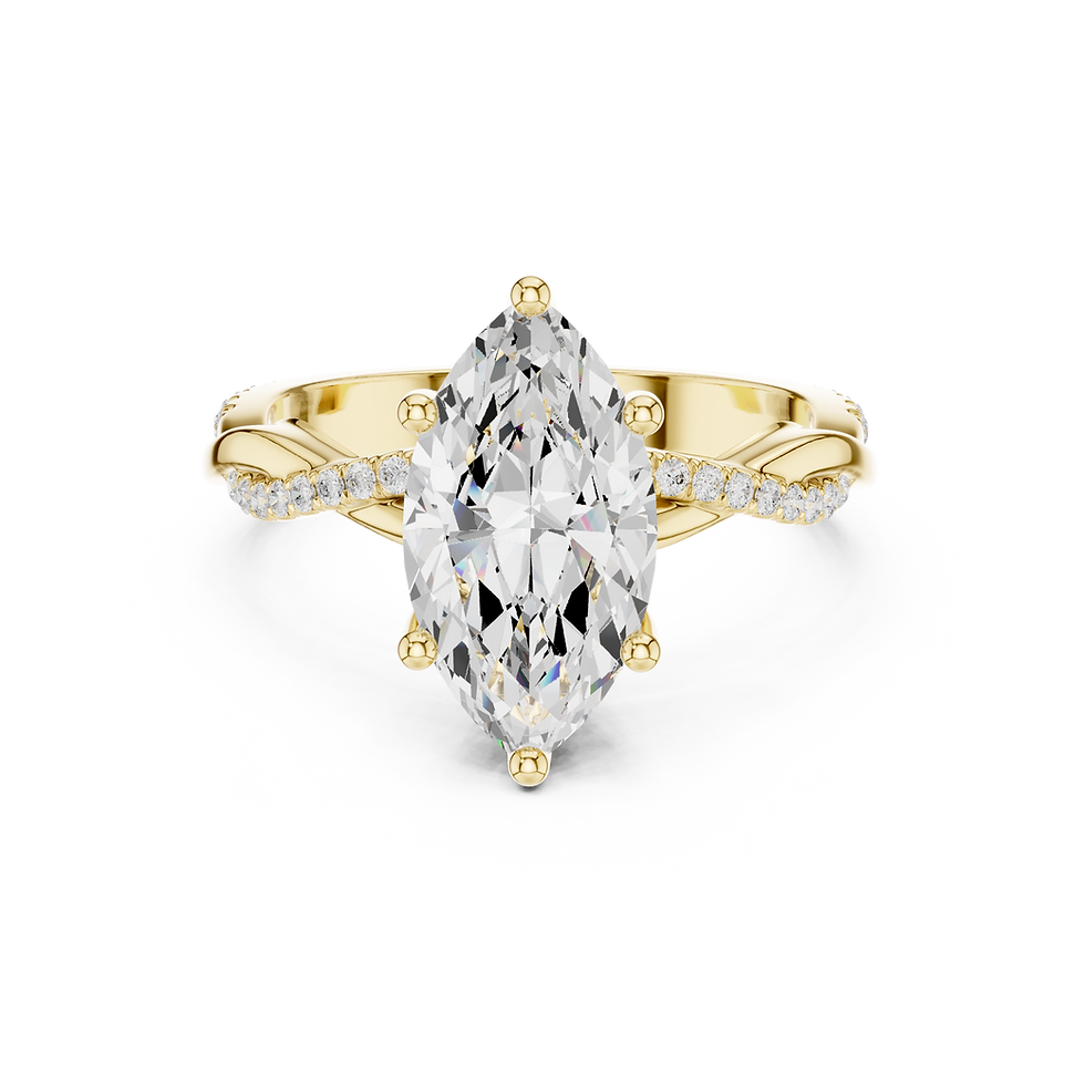 Front view of Liana Marquise engagement ring in yellow gold with hidden halo and twisted pavé band