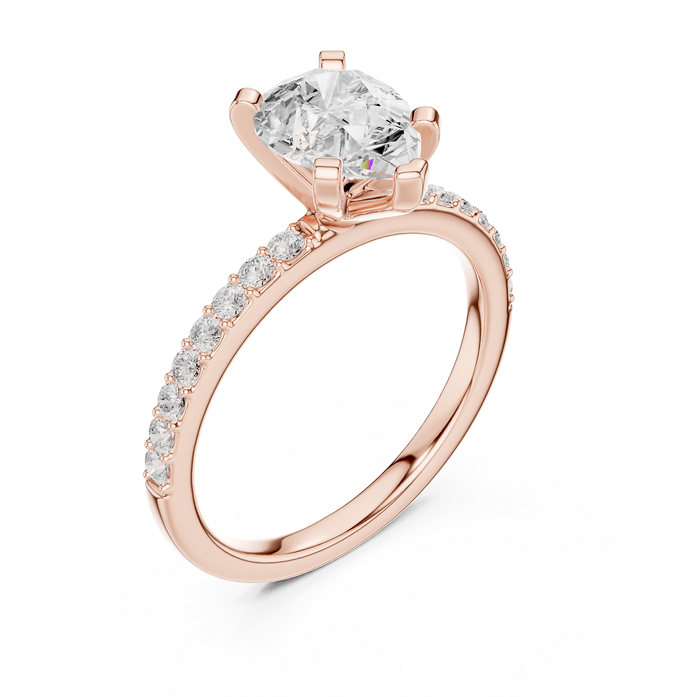 Thumbnail: Three-quarter view of Reina Pear engagement ring in rose gold with pavé band