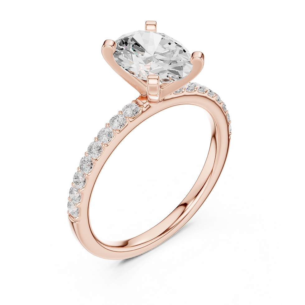 Thumbnail: Three-quarter view of Reina Oval engagement ring in rose gold with pavé band