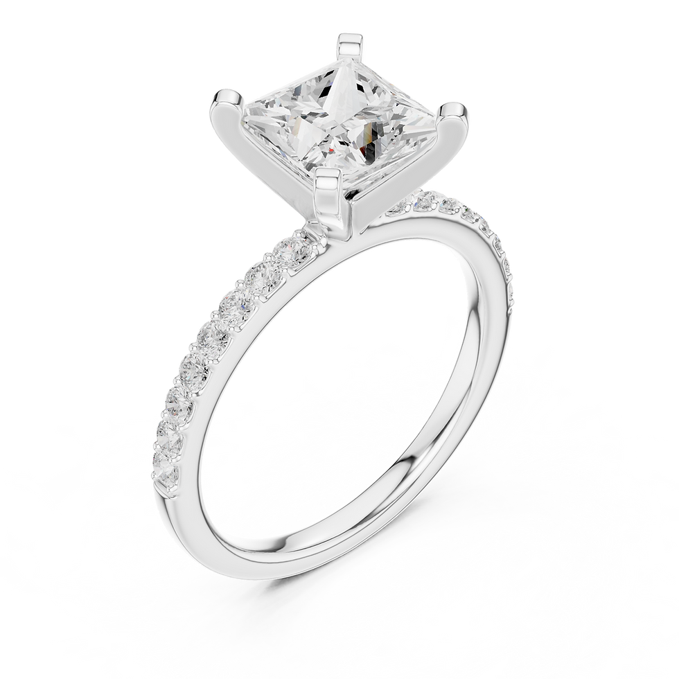 Thumbnail: Three-quarter view of Reina Princess engagement ring in white gold with pavé band