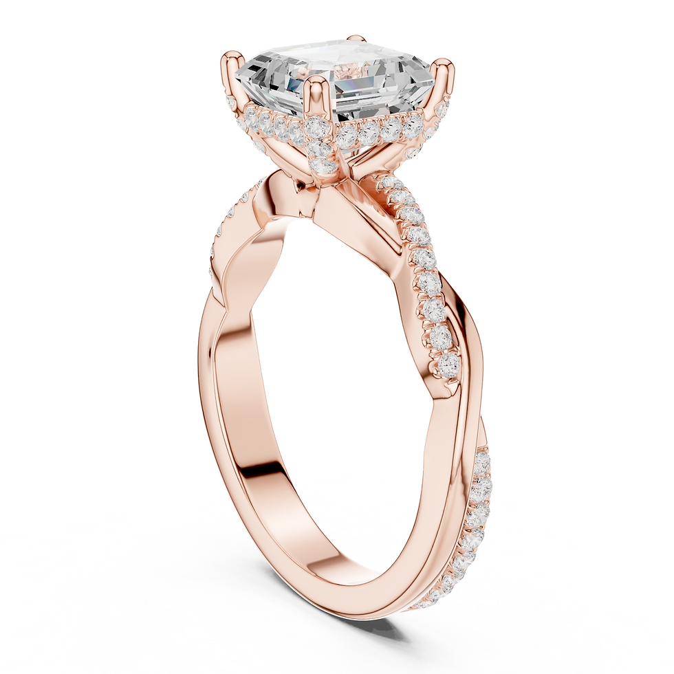 Thumbnail: Three-quarter angle view of Liana Asscher engagement ring in rose gold with twisted pavé shank