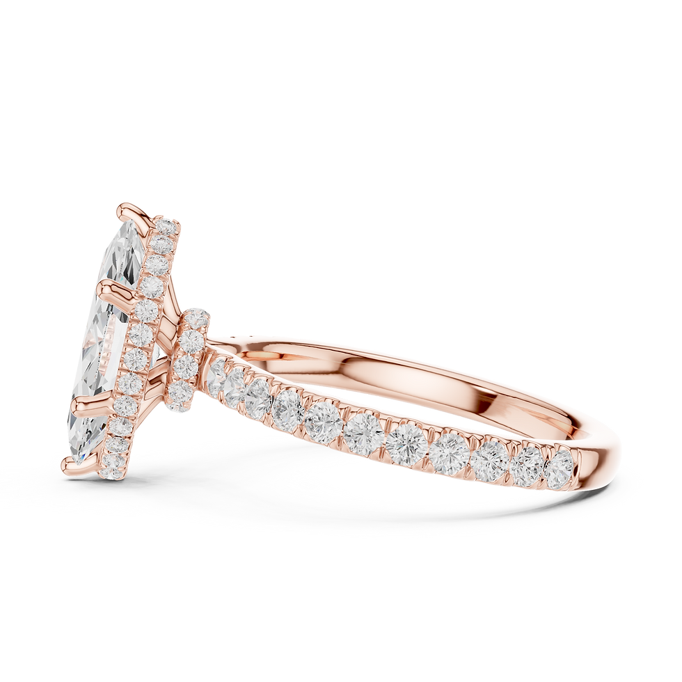 Thumbnail: Side profile of rose gold Lyra marquise engagement ring showcasing the double hidden halo and open gallery.