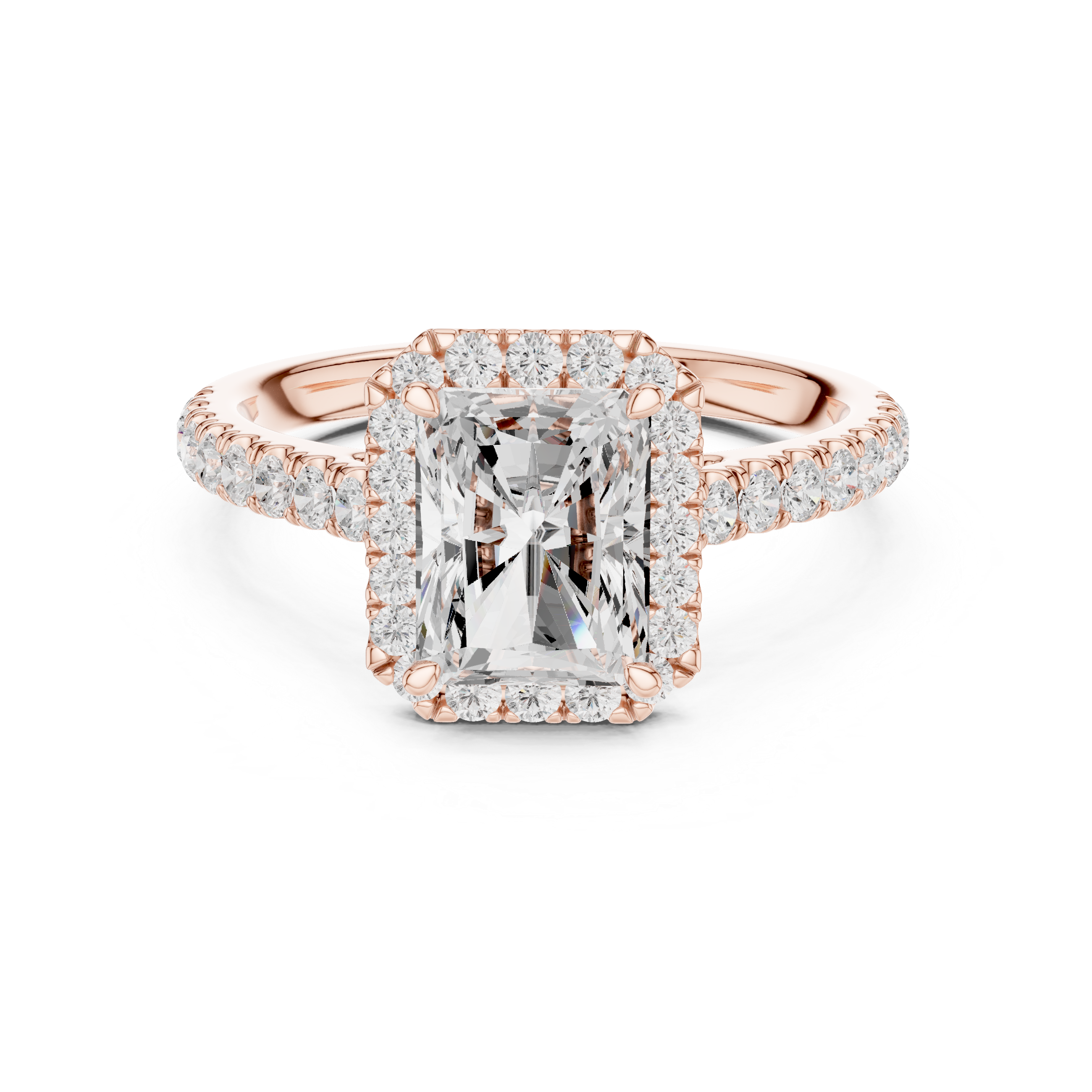 Laurel Radiant engagement ring in rose gold, front-facing halo view