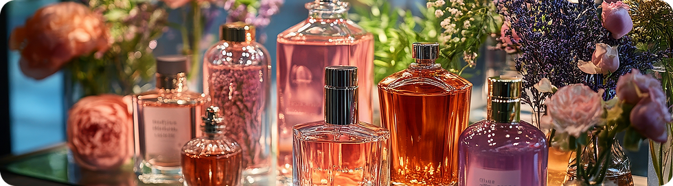 A collection of perfume bottles in various shapes and sizes