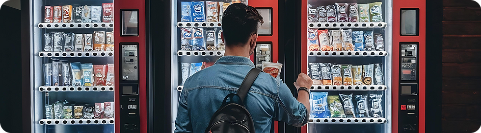 A person selecting a snack from a vending machine filled with various snack packets.
