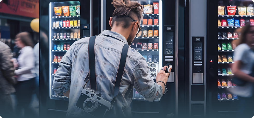A person with a camera selecting a snack from a vending machine in a busy setting.