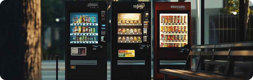 Three vending machines filled with drinks and snacks, placed in an outdoor setting near a bench.