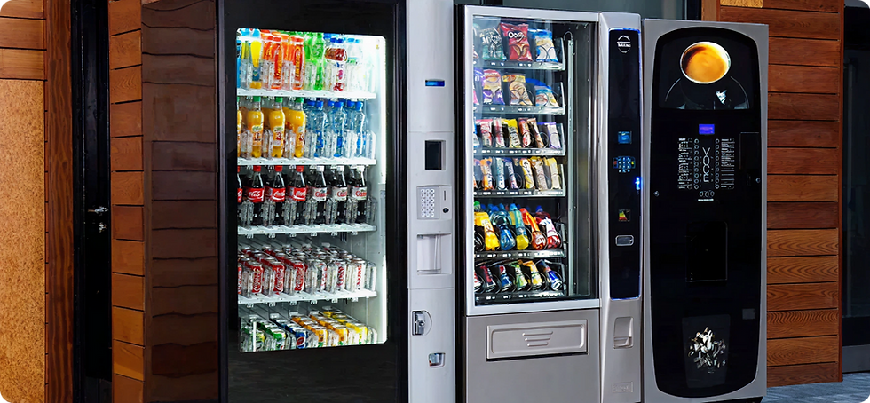 A row of vending machines with drinks, snacks, and other items, set in a modern interior.