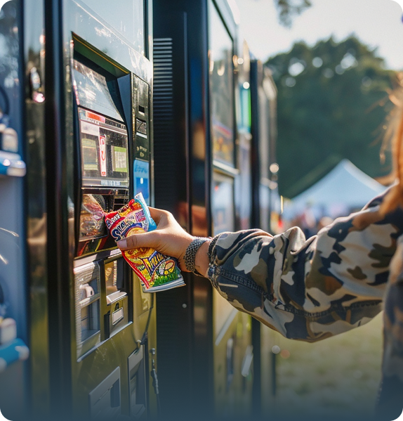 A person holding candy from a vending machine, standing outdoors in a sunny setting.