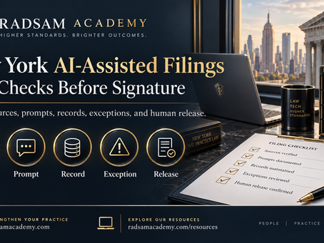 Radsam Academy New York AI-assisted filing visual showing five verification checks before signature.