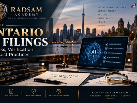 Radsam Academy Ontario IP filings visual showing a final verification handoff before submission.