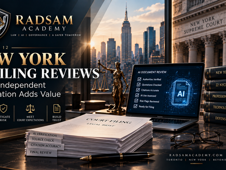 Radsam Academy New York filing review visual illustrating independent AI verification before court filing.
