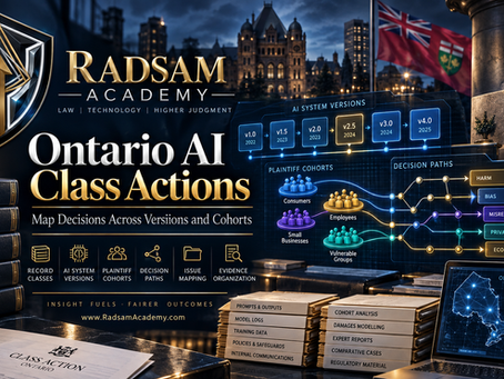 Radsam Academy Ontario AI class-action visual mapping system versions, cohorts and decision paths.