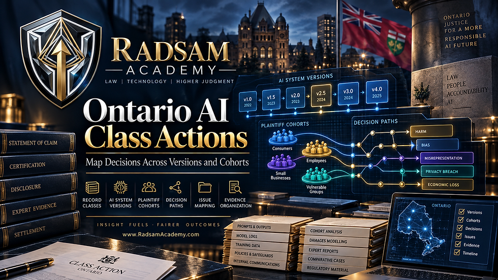 Radsam Academy Ontario AI class-action visual mapping system versions, cohorts and decision paths.