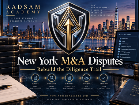 Radsam Academy New York M&A dispute visual illustrating reconstruction of the diligence decision trail.