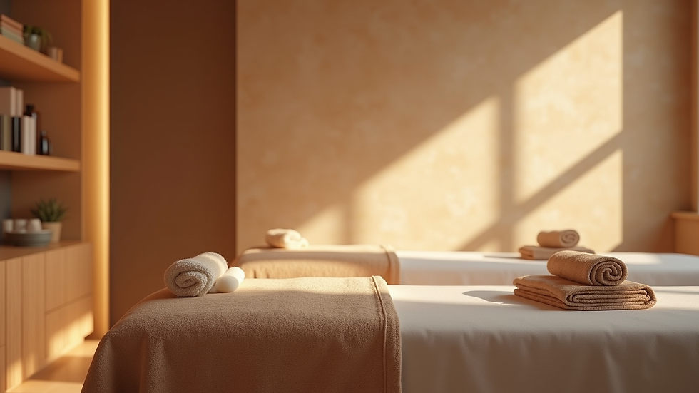 High angle view of peaceful massage room with soft lighting