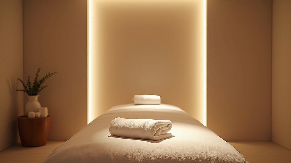 Eye-level view of a calm massage room with soft lighting
