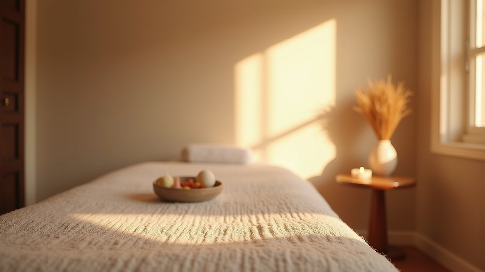 Eye-level view of a calm massage room with soft lighting