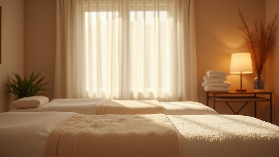 Eye-level view of calm massage room with soft lighting