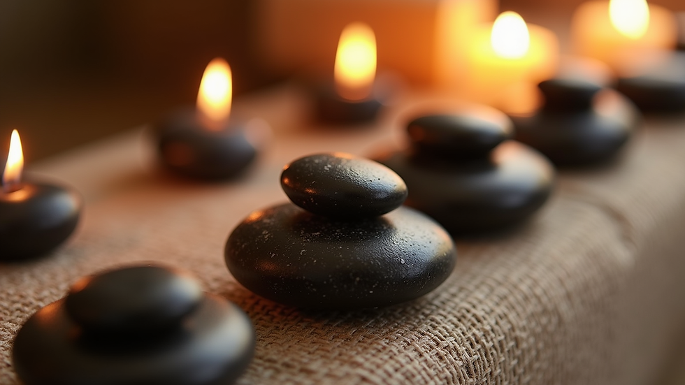 Close-up view of warm stones used in hot stone massage