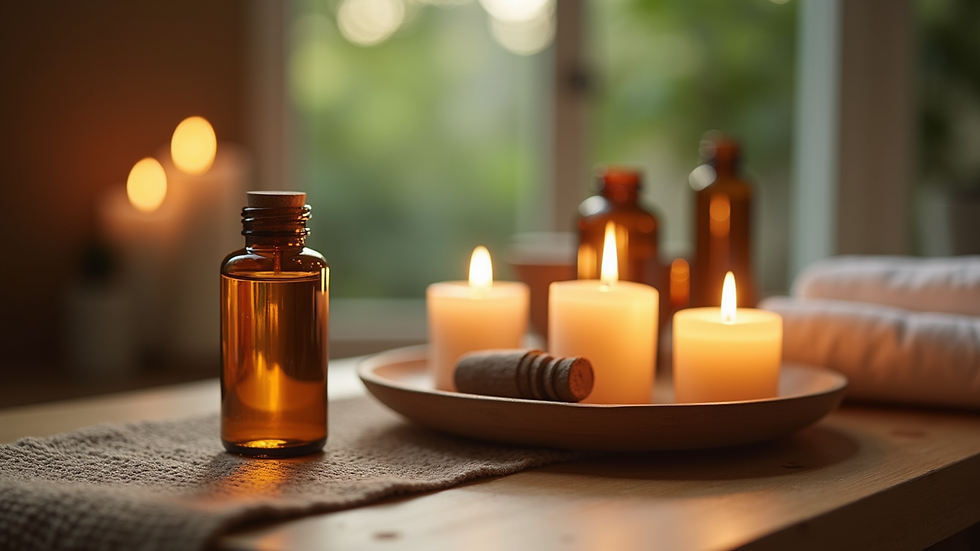 Eye-level view of massage oils and aromatic candles on wooden table