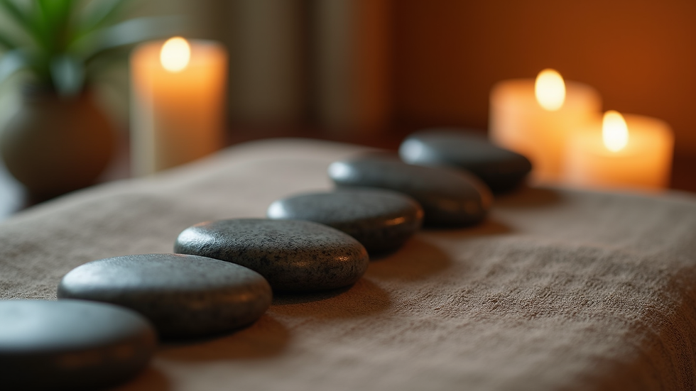 Close-up of warm stones used in hot stone massage therapy