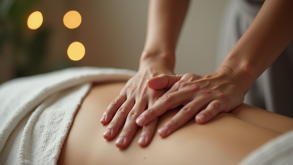 Close-up view of massage therapist’s hands gently stroking a back