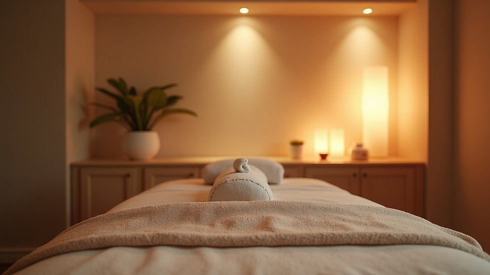 Eye-level view of a cozy massage room with soft lighting