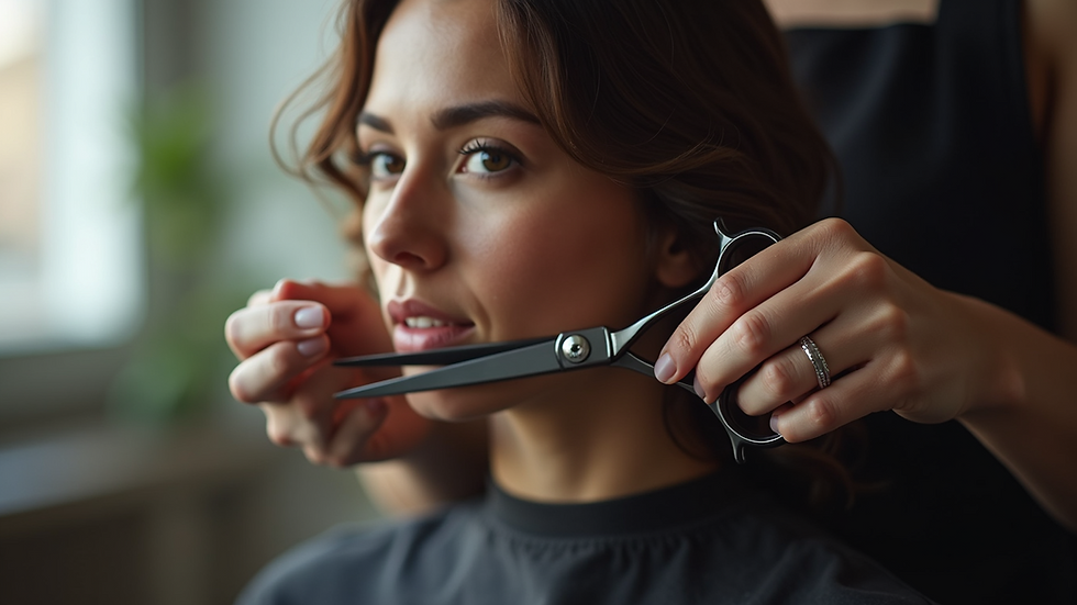 Close-up view of a stylist cutting hair with scissors