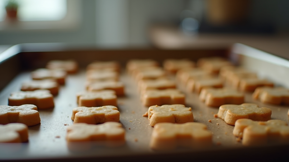 Eye-level view of homemade dog treats on a baking tray