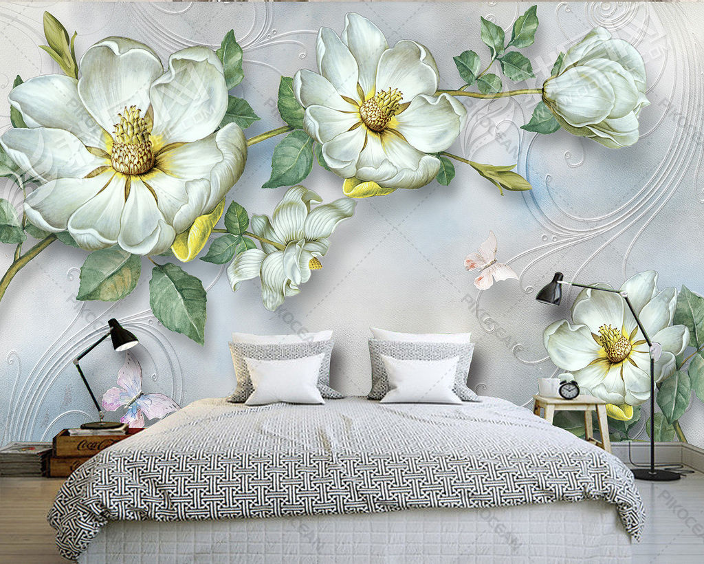 Kabartmalı Yeşil Çiçek Duvar Kağıdı | Üç Boyutlu Yatak Odası Duvar Kağıtları