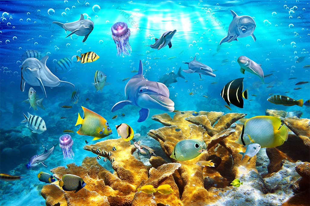 Kabartmalı Deniz Altı Duvar Kağıtları | Yunus Balığı 3D Duvar Kağıdı