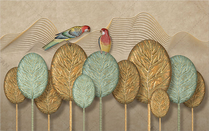 3D Altın Stereo Duvar Kağıtları | Kabartmalı Altın Yapraklar Duvar Kağıtları