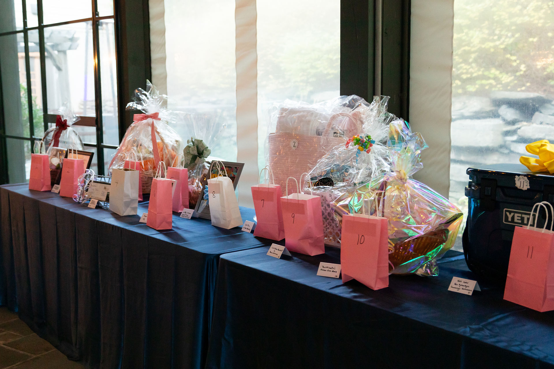 Raffle baskets displayed on table