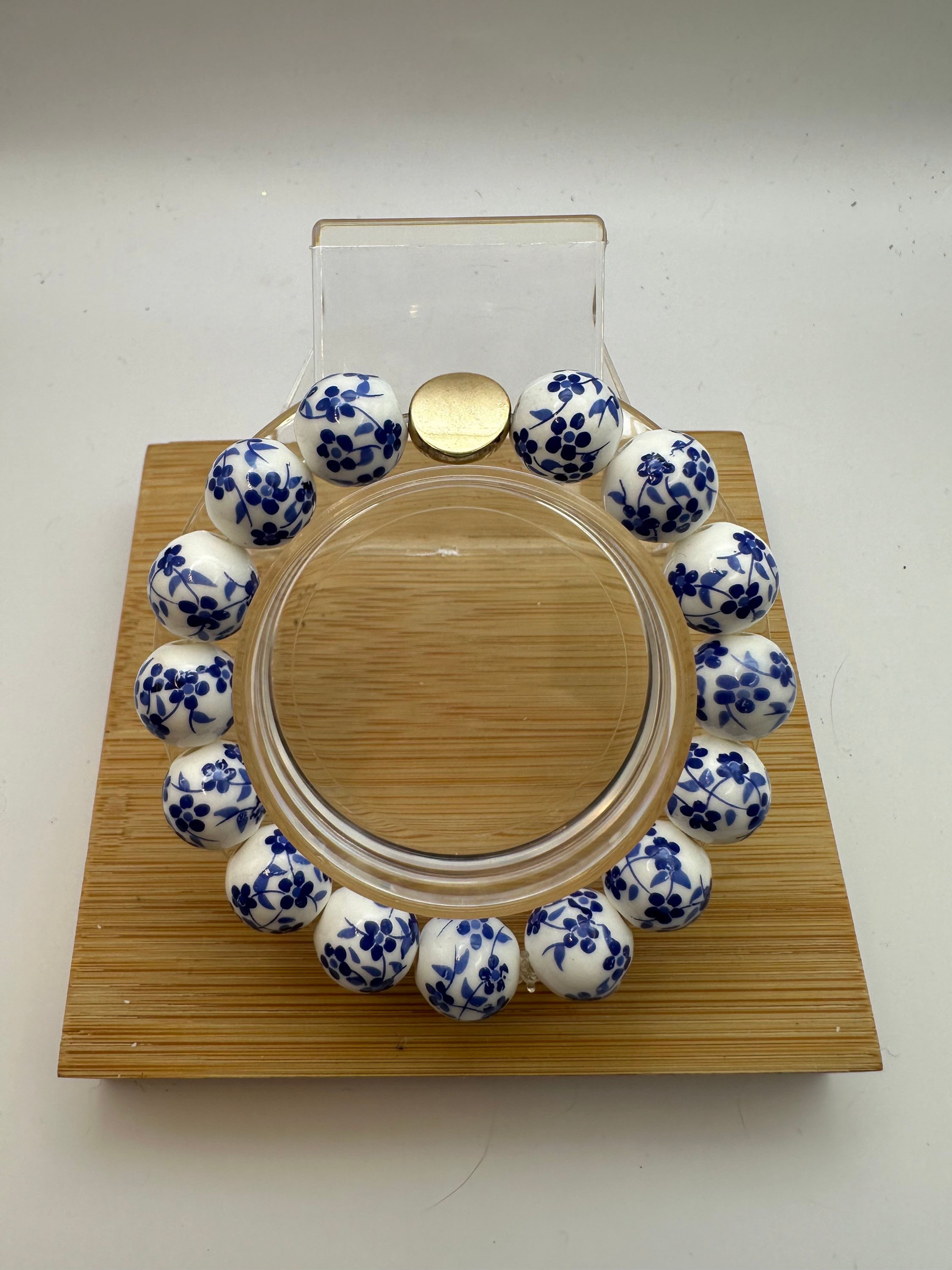 Blue floral bracelet fits 7- 7.5 inch wrist with sturdy stretch elastic.