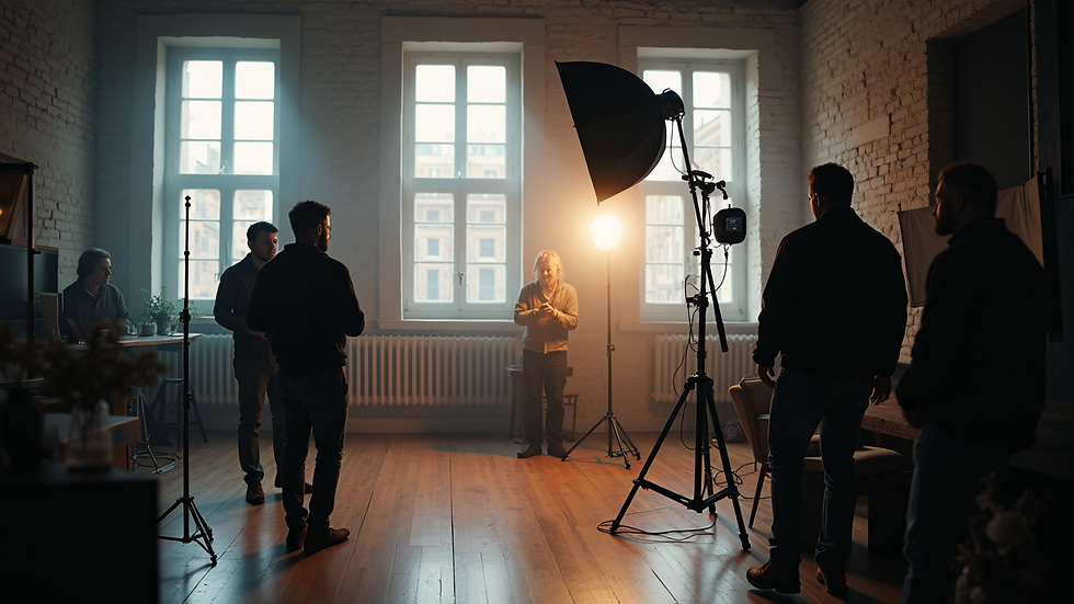 High angle view of a video crew setting up lights and camera for a small business shoot
