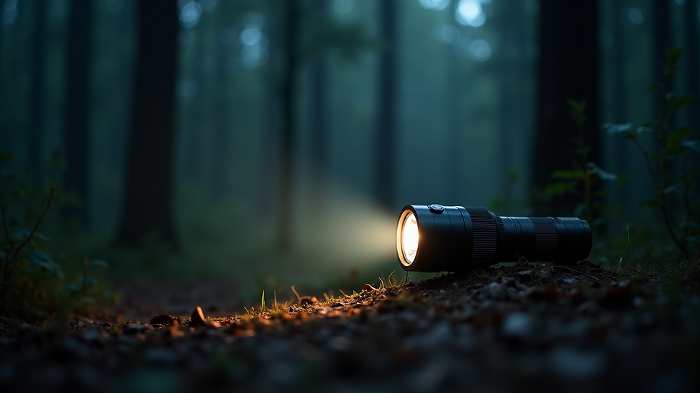 Close-up view of a Helios torch illuminating a dark forest