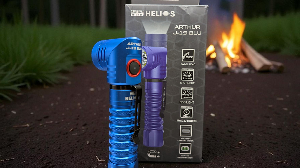 Close-up view of a compact swivel torch with LED light on a wooden surface