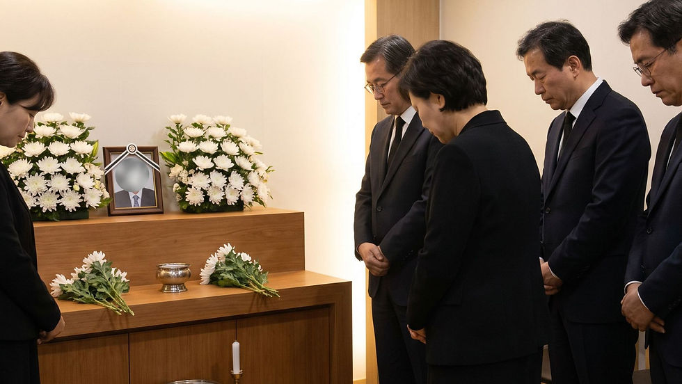 검은 정장을 입은 남녀들이 흰 국화로 장식된 영정 앞에서 고개 숙여 추모하는 실내 장례식장, 엄숙한 분위기