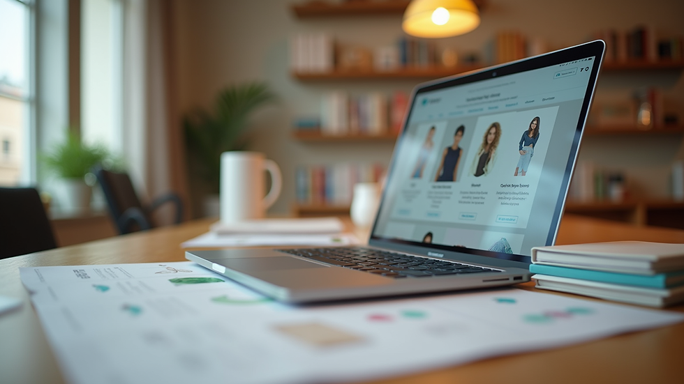 Eye-level view of a modern online store setup with a laptop and product samples