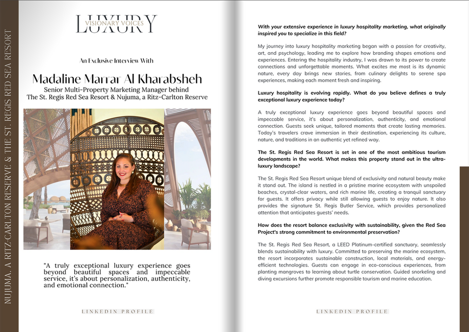 Exclusive interview with Madaline Marrar,Senior Multi-Property Marketing Manager behind
The St. Regis Red Sea Resort & Nujuma, a Ritz-Carlton Reserve.
