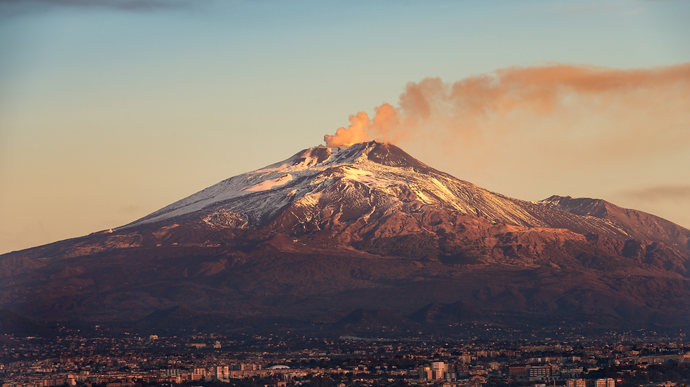 View of Mount Etna, with a plume of smoke
