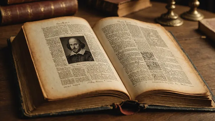 Close-up view of a vintage open book displaying Shakespeare's works