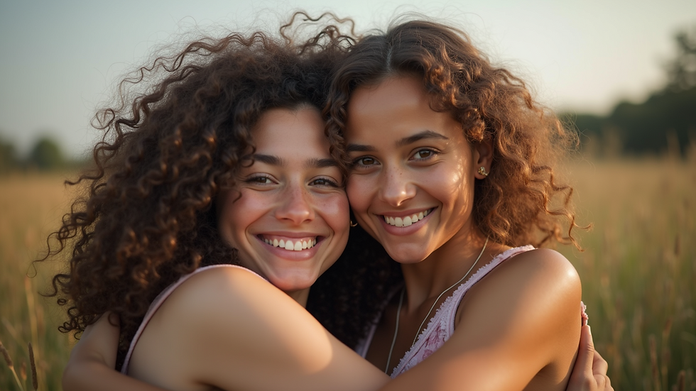 Close-up view of two friends sharing a warm hug